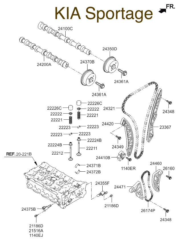 KIA Sportage  схема грм запчасти цепи, натяжитель, башмаки